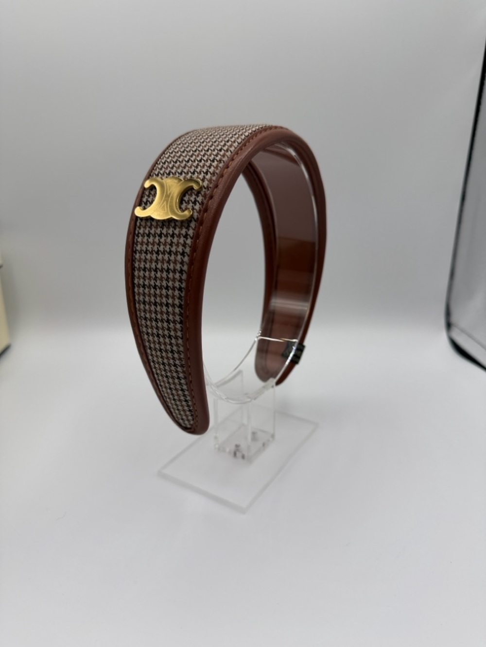 Brown Houndstooth Padded Headband with Gold Accent